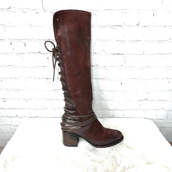 |•FREEBIRD BY STEVEN•| 'Coal' Distressed Burgundy Suede Full Lace Up Back Boots - Picture 5 of 12